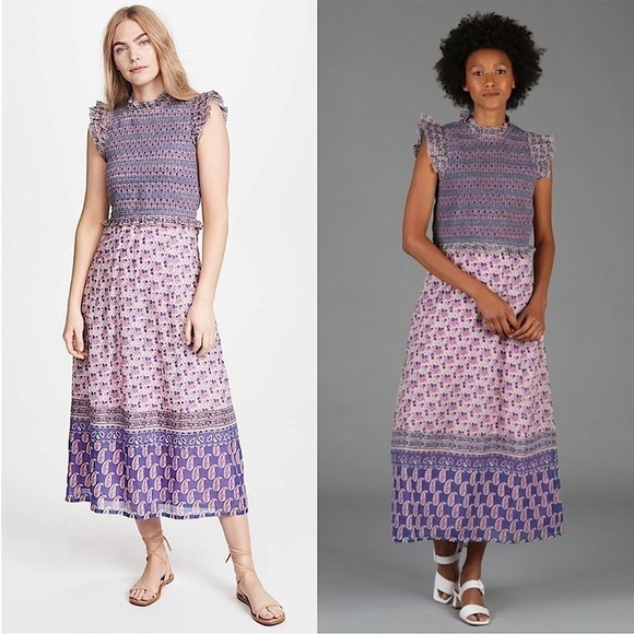 SEA NY Lilac Floral Paisley Stripe Smocked Ruffle Trim Flutter Sleeve Dress 2 - Picture 4 of 14